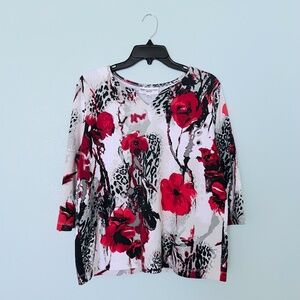 Rebecca Malone Petite White Floral Print Three Quarter Sleeve Top
